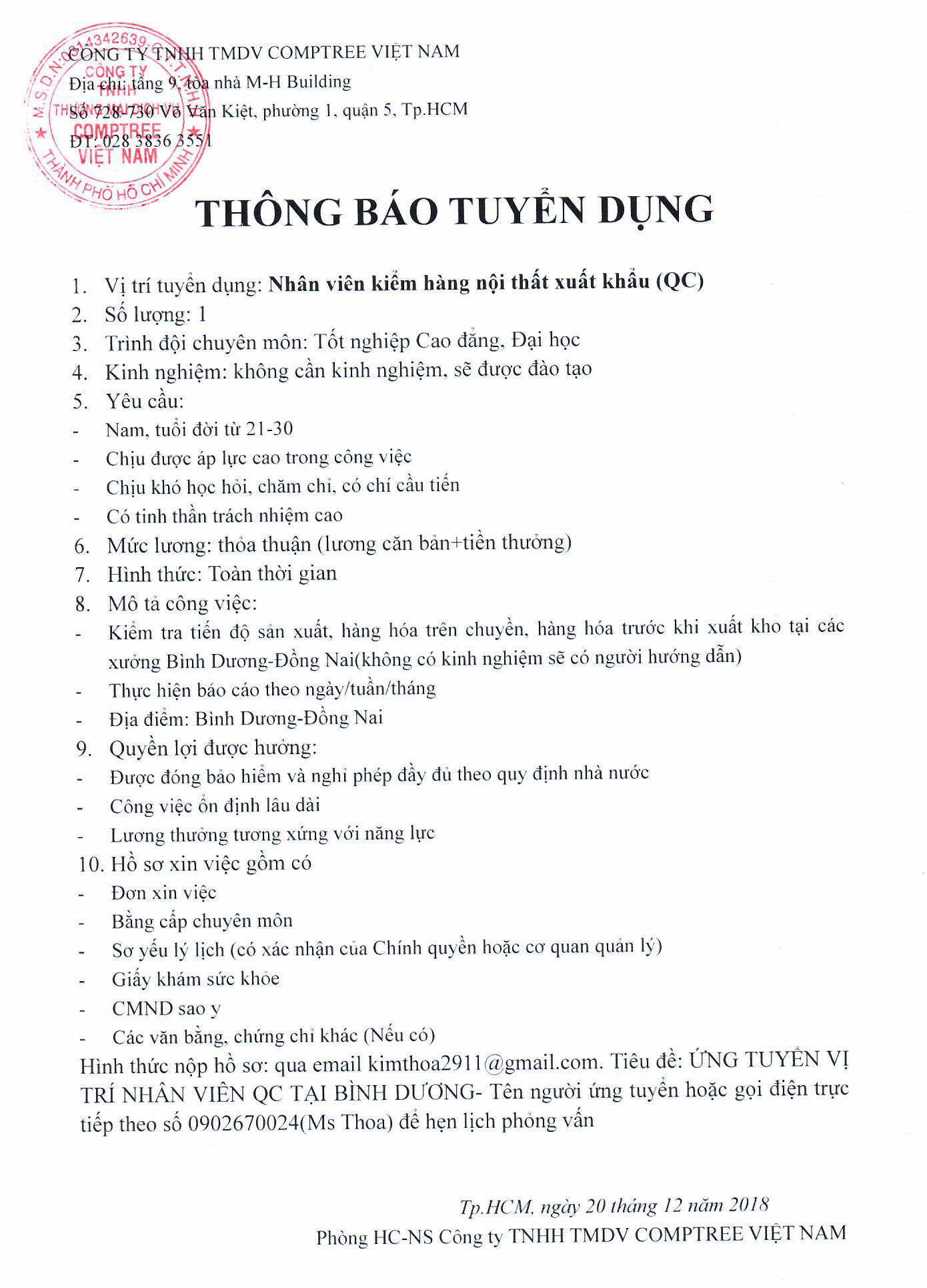 Thong bao tuyen dung Comptree